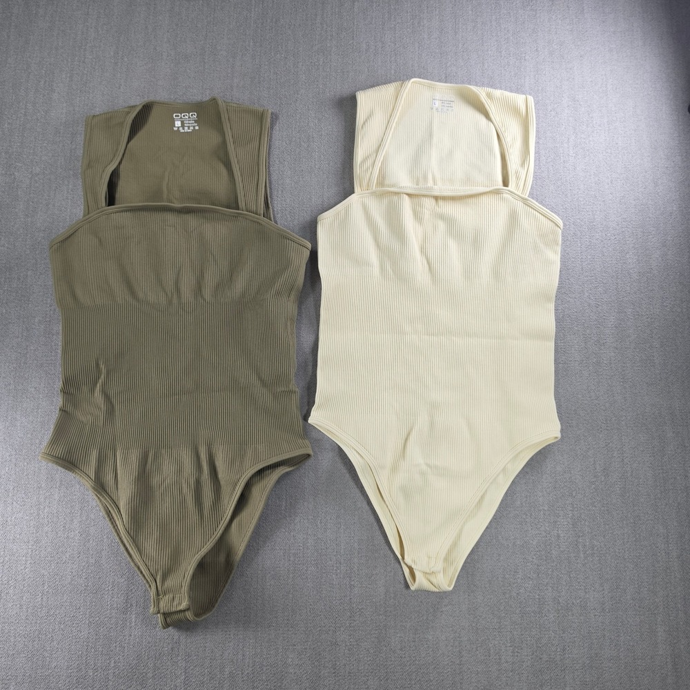 OQQ Bodysuit Women‎ L Green Cream Ribbed Seamless Square Neck 2-Pack Tank Tops